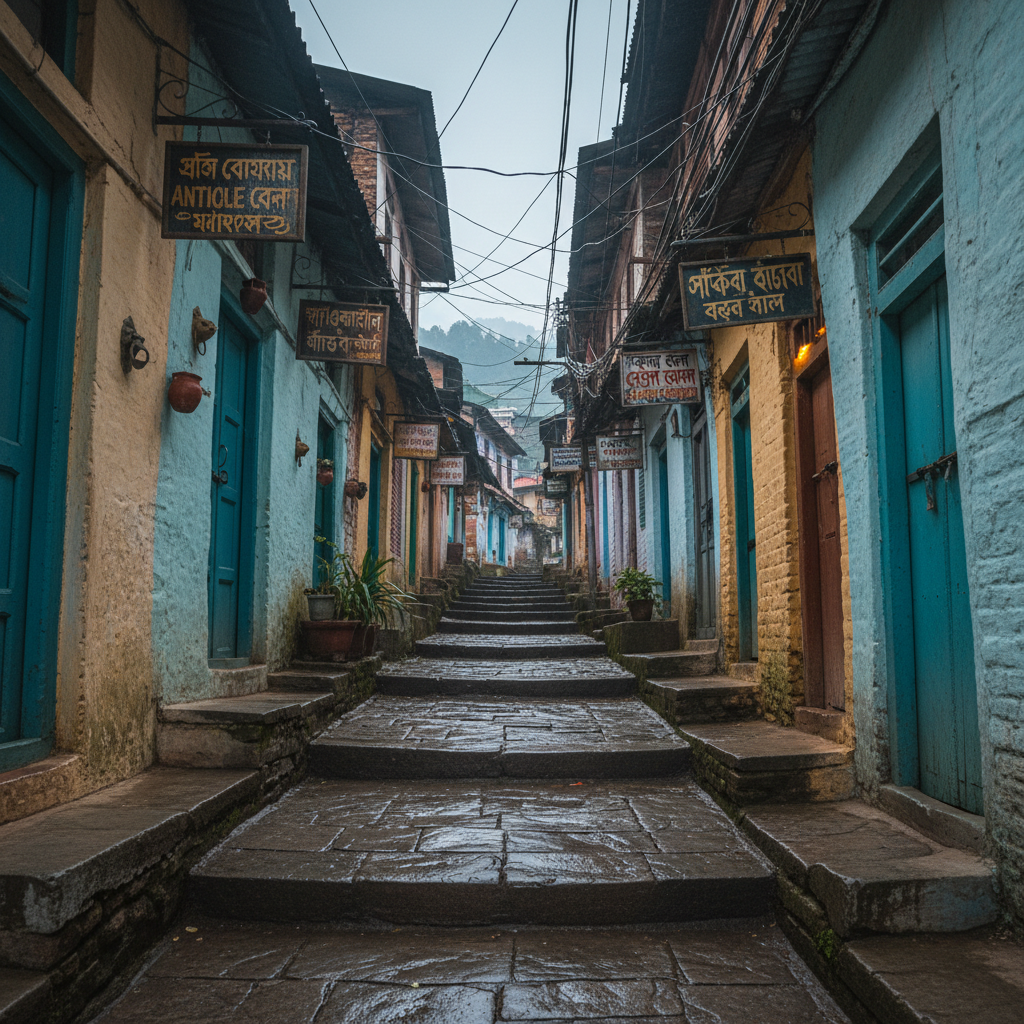 A narrow, stone-paved alley in an old South Asian hill town, its irregular slate steps slightly damp and gleaming, flanked by timeworn plastered facades in muted teal, saffron, and faded indigo. Hand-painted signs in multiple scripts cling to rough walls, and a tangle of overhead wires traces the sky between closely set buildings. Cool, diffused overcast light from above softens textures, allowing small brass door knockers and clay lamps to catch understated highlights. Captured from a low, ascending perspective, the composition draws the eye up the alley toward misty, forested ridges barely visible in the distance. The atmosphere is quietly adventurous and refined, suggesting an off-the-beaten-path neighborhood, with photographic realism and a restrained, documentary elegance.