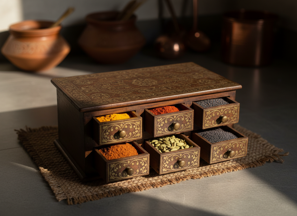 An antique wooden spice chest from South Asia, its dark rosewood surface inlaid with delicate brass patterns, drawers slightly ajar to reveal heaped spices: turmeric like powdered gold, deep red Kashmiri chili, cardamom pods, and black mustard seeds. The chest rests on a handwoven jute mat atop a cool, grey stone floor. Warm, directional window light from the left creates sculpted shadows between the spice mounds and subtle sheen on the brass inlay, while the background dissolves into a soft blur of earthenware pots and copper utensils. Shot from a slightly elevated angle with a shallow depth of field, the mood is sensuous and sophisticated, emphasizing texture and aroma in photographic realism for an intimate glimpse into South Asian culinary traditions.